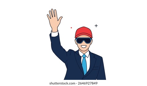 A Cheerful Businessman in a Blue Suit and Red Cap Waving Hello and Smiling Brightly