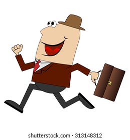 cheerful businessman with briefcase running to work, vector illustration