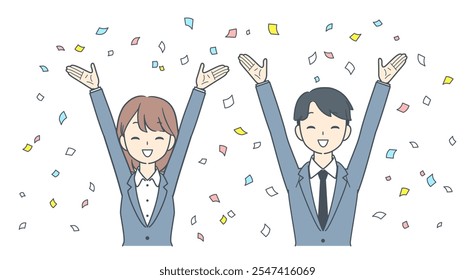 A cheerful businessman and businesswoman raising her arms in celebration with confetti falling around them, representing success or achievement.