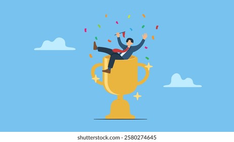 Cheerful businessman celebrate on a win trophy symbolizes victory or business achievement. Triumph or award winning, accomplishment for leadership success, determination for career success.