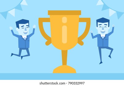 Cheerful businessman celebrates victory, success. Big golden cup, achievement. Flat style vector illustration