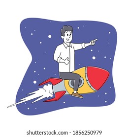 Cheerful Businessman Character Flying on Rocket in Space. Office Worker Fly Up by Spaceship. Self Development, Business Success, Career Boost, Start Up and Growth Concept. Linear Vector Illustration