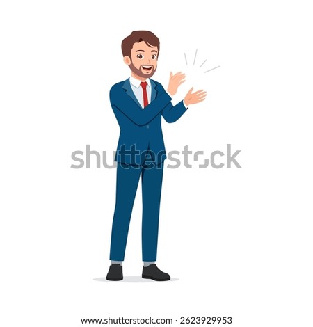 Cheerful Businessman Clapping Hands in Blue Suit and Tie, Looking Happy and Smiling