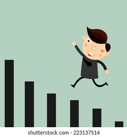 Cheerful businessman climbing a bar chart 
