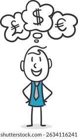 A cheerful businessman contemplating financial matters. Stickman Thinking About Money.