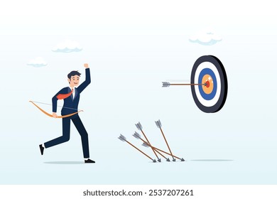 Cheerful businessman finally hit target after too many unsuccessful tries, effectiveness and efficiency to measure success rate, effort or cost to reach goal or target, practice until succeed concept