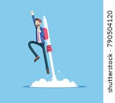 Cheerful businessman flying off with jet pack vector flat illustration. Male office worker flying up by rocket and take off the ground. Business concept career boost, start up and growth