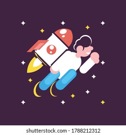 Cheerful businessman flying off with jet pack vector flat illustration. Male office worker flying up by rocket and take off the ground.