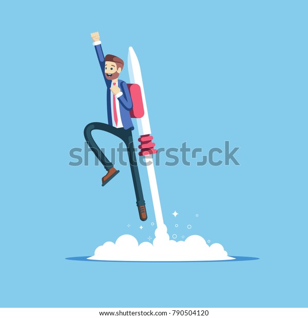 Cheerful\
businessman flying off with jet pack vector flat illustration. Male\
office worker flying up by rocket and take off the ground. Business\
concept career boost, start up and\
growth