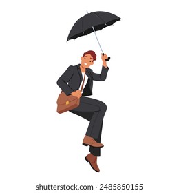 Cheerful Businessman Flying With An Umbrella, . Cartoon Male Character Dressed In A Suit And Carrying A Briefcase. Whimsical Vector Illustration Conveys A Sense Of Adventure, Freedom, And Joy