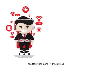 Cheerful businessman game caster sitting on red gaming chair and playing game by joystick while live stream, Flat design character, illustration element