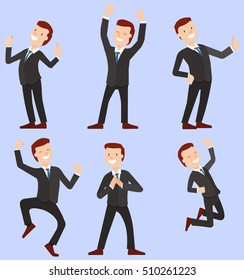 cheerful businessman, a gay man jumping, rejoicing and dancing in different poses. flat people