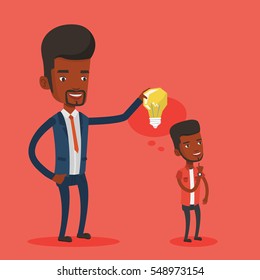 Cheerful businessman giving idea to his partner. Young african-american man holding light bulb over head of his collegue. Business idea concept. Vector flat design illustration. Square layout.