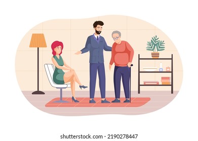 Cheerful businessman helping elderly man with walking cane. Adult children supporting their grandpa. Son hugging old father, daughter sitting on chair in cozy room. Relationship, support flat vector