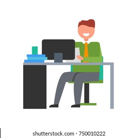 Cheerful businessman in his office. Adult male sitting at desk with paper in left hand and working on computer isolated vector illustration on white