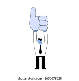 Cheerful businessman holding big LIKE symbol above his head. Successful social media marketing concept. Cartoon flat vector illustration. Isolated on white background.