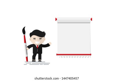 Cheerful businessman holding paintbrush with Wall Mounted Paper Roller, Flat design character, illustration element