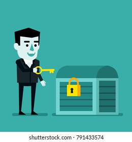 Cheerful businessman holds golden key to treasure chest. Keys to success concept, wealth, secret. Flat style vector illustration