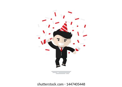 Cheerful businessman jump while holding champagne glasses in celebration concept, Flat design character, illustration element