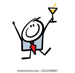 Cheerful businessman in an office suit raises a glass of champagne. Vector illustration of a corporate holiday. Cartoon image isolated on white background.