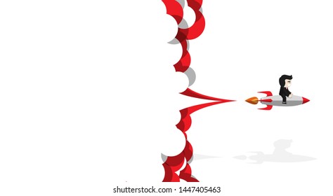 Cheerful businessman on the rocket launch to Successful with red smoke, Flat design character, illustration element, Financial and start up concept