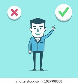 Cheerful businessman points to accept, approve check mark. To accept the offer, web poll. Simple style vector illustration