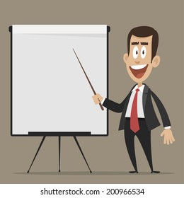 Cheerful businessman points to flipchart