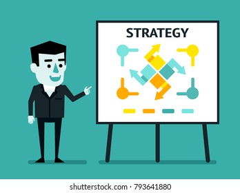 Cheerful businessman points to strategy plan on whiteboard. Business strategy report, presentation. Flat style vector illustration