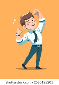 Cheerful businessman raising his fists in victory, expressing confidence and success in a modern cartoon style