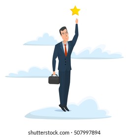 Cheerful businessman reaching up to get a golden star trophy, for goal achievement or award concept. Business cartoon concept. Vector illustration isolated on white background in flat style.
