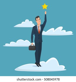 Cheerful businessman reaching up to get a golden star trophy, for goal achievement or award concept. Business cartoon concept. Vector creative color illustrations flat design in flat modern style.