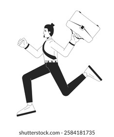 Cheerful businessman running with briefcase black and white 2D line character. Job seeker. Ambitious office worker caucasian man isolated vector outline person. Monochromatic spot illustration