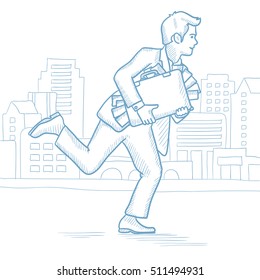 Cheerful businessman running in the city with a briefcase full of money. Caucasian businessman carrying briefcase overflowing with money. Hand drawn vector sketch illustration on white background.