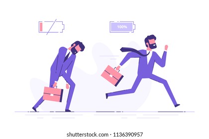 Cheerful businessman running with full of energy battery icon and tired businessman slowly walking with low energy battery icon. Business concept. Flat vector illustration.