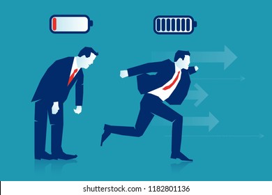 Cheerful businessman running with full of energy battery icon and tired businessman slowly walking with low energy battery icon. Business concept. Eps 10 flat Vector illustration Minimalist white blue