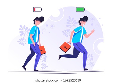 Cheerful businessman running with full of energy battery icon and tired businessman slowly walking with low energy battery icon. Business concept. Flat vector illustration.