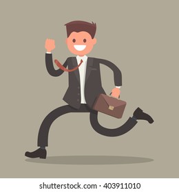 Cheerful businessman running. Vector illustration of a flat design