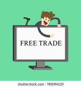 Cheerful businessman shows on the screen. Business illustration with description:free trade