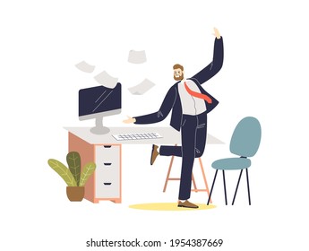 Cheerful businessman smiling boss dancing on workplace after successful agreement. Full length cartoon manager in suit celebrate victory. Flat vector illustration