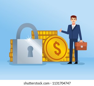 Cheerful businessman stands near big coins and lock. Financial security, protection, insurance concept. Flat design vector illustration