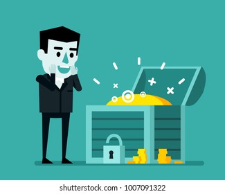Cheerful businessman stands near opened treasure chest full of gold. Find treasure, success concept. Flat style vector illustration