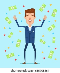 Cheerful businessman stands under money shower. Financial success concept. Simple vector illustration