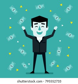 Cheerful businessman stands under money rain. Successful businessman concept, good profit, wealth. Flat style vector illustration