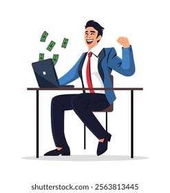 A cheerful businessman in a suit celebrates earning money online, sitting at a desk with a laptop as cash flies in the air, symbolizing financial success and digital earnings.