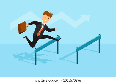 Cheerful businessman in suit running and jumping over barriers. Overcoming obstacles in business and in life concept. Eps vector illustration 