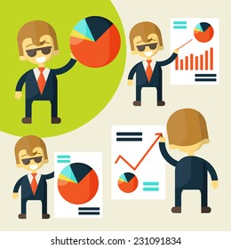 Cheerful businessman in various poses chart shows success. Network with business to your business. vector illustration eps 10