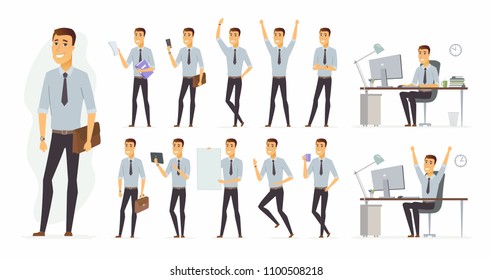 Cheerful businessman - vector cartoon people character set isolated on white background. Set of different poses, gestures for animation. Smiling handsome manager working in the office