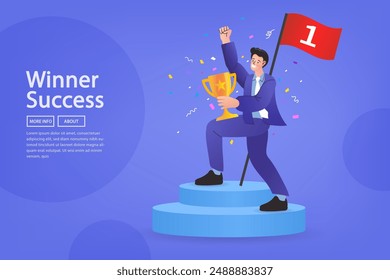 Alegre hombre de negocios ganador con el trofeo ganador. Victoria o logro empresarial, triunfo o premio ganador, logro para el éxito de liderazgo, determinación para el concepto de éxito profesional.