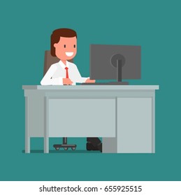 Cheerful businessman working while sitting at the computer. Anecdote illustration of a flat style design