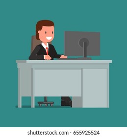 Cheerful businessman working while sitting at the computer. Anecdote illustration of a flat style design